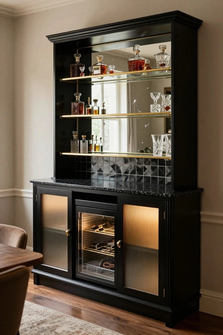 Black wooden bar cabinet with open upper shelves displaying liquor bottles and glassware, mirrored backing, black tile backsplash, granite countertop, and glass-fronted wine cooler with illuminated interior, positioned in a dining room next to a table and chair.