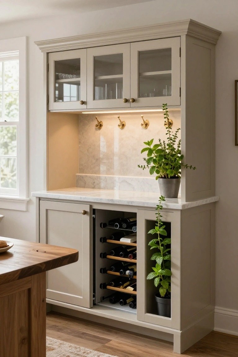 Tall greige built-in bar cabinet with glass-front upper doors holding glassware, brass hooks above marble countertop with potted mint plant, open wine rack in lower section, adjacent to wooden table in kitchen with window and hardwood floor.
