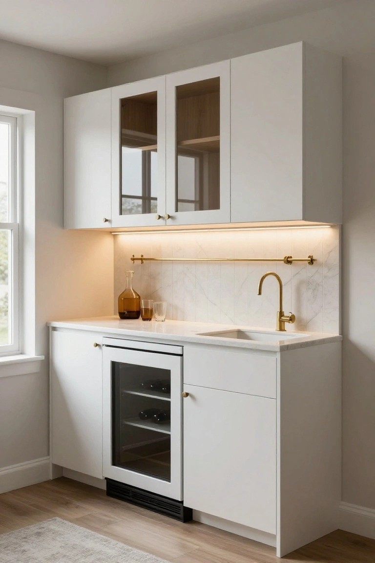 White built-in bar cabinet with glass-front upper doors, marble backsplash, brass faucet and towel bar, sink, and integrated wine cooler in a light kitchen nook by a window.