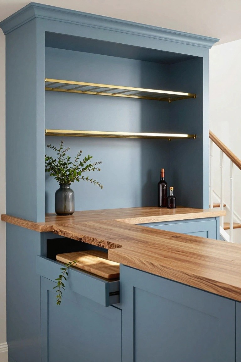 Blue kitchen with wooden counter, open shelves, and plant.