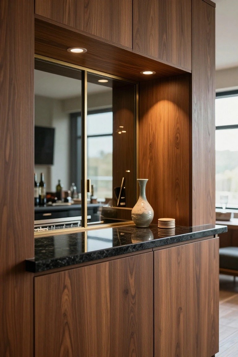 Close-up of a built-in bar cabinet with walnut wood panels, black marble countertop, gold-framed sliding glass doors over a mirrored niche displaying bottles and a ceramic vase, integrated into a kitchen with warm lighting.