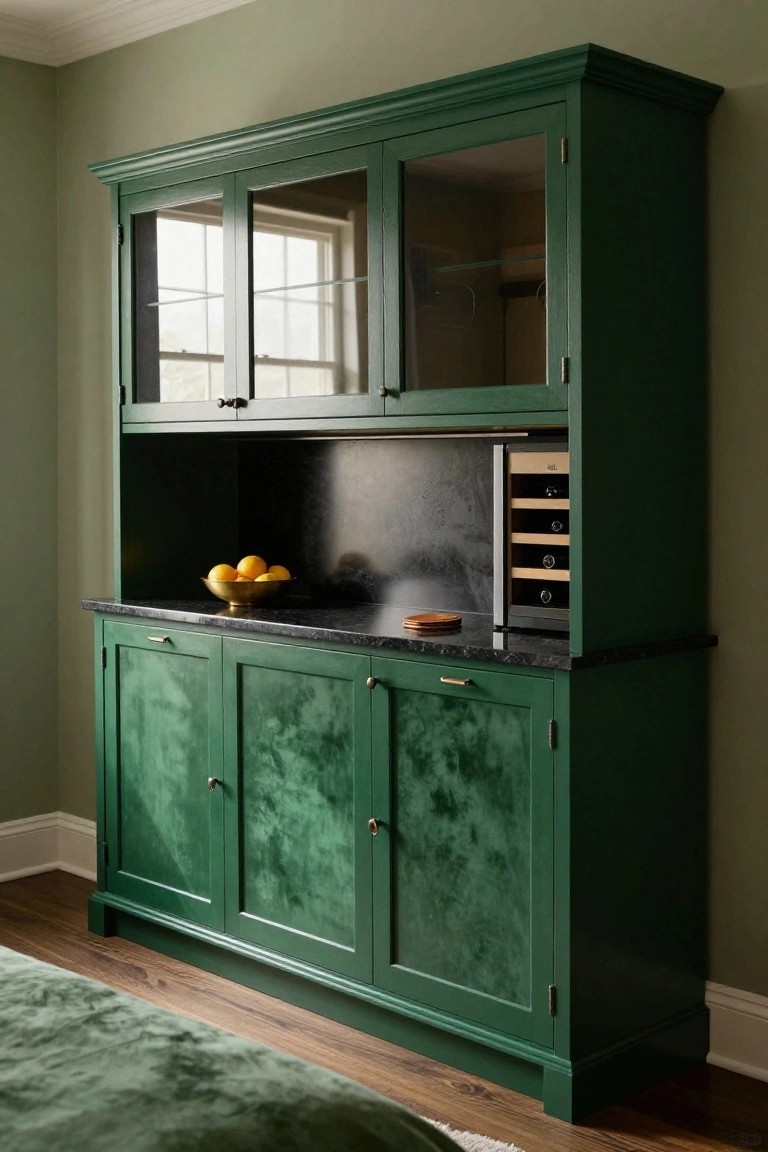 Tall emerald green painted wooden bar cabinet with glass-front upper doors, open black countertop holding oranges and coasters, integrated wine cooler, and textured lower cabinet doors in a room with pale green walls and wood floor.