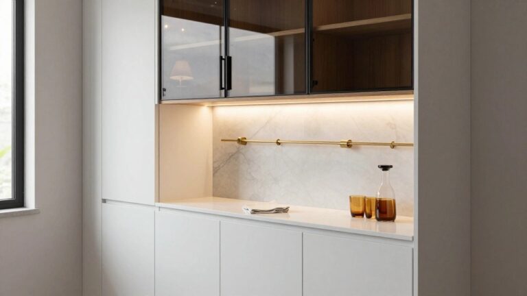 White built-in bar cabinet with glass-front upper doors, marble backsplash, brass faucet and towel bar, sink, and integrated wine cooler in a light kitchen nook by a window.