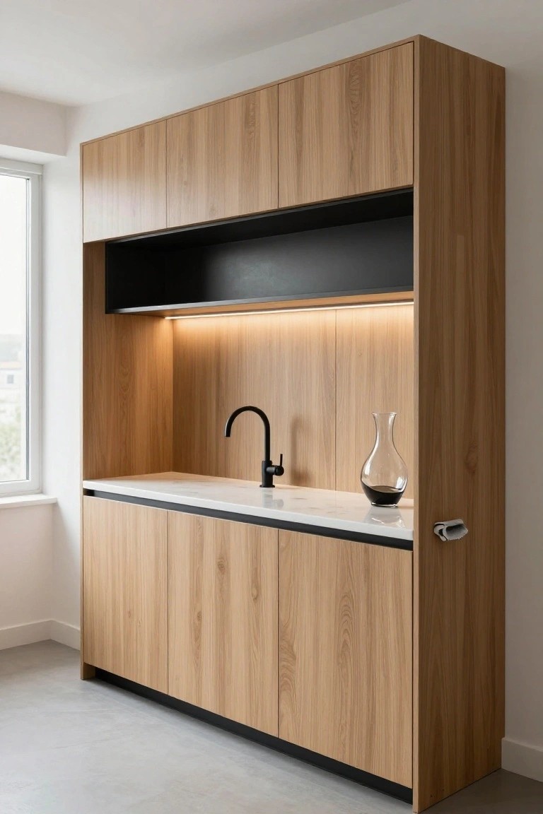 Tall floor-to-ceiling oak veneer built-in cabinet with black upper frame and LED lighting, white countertop, black gooseneck faucet, glass carafe, and lower cabinets beside a large window in a white interior room.