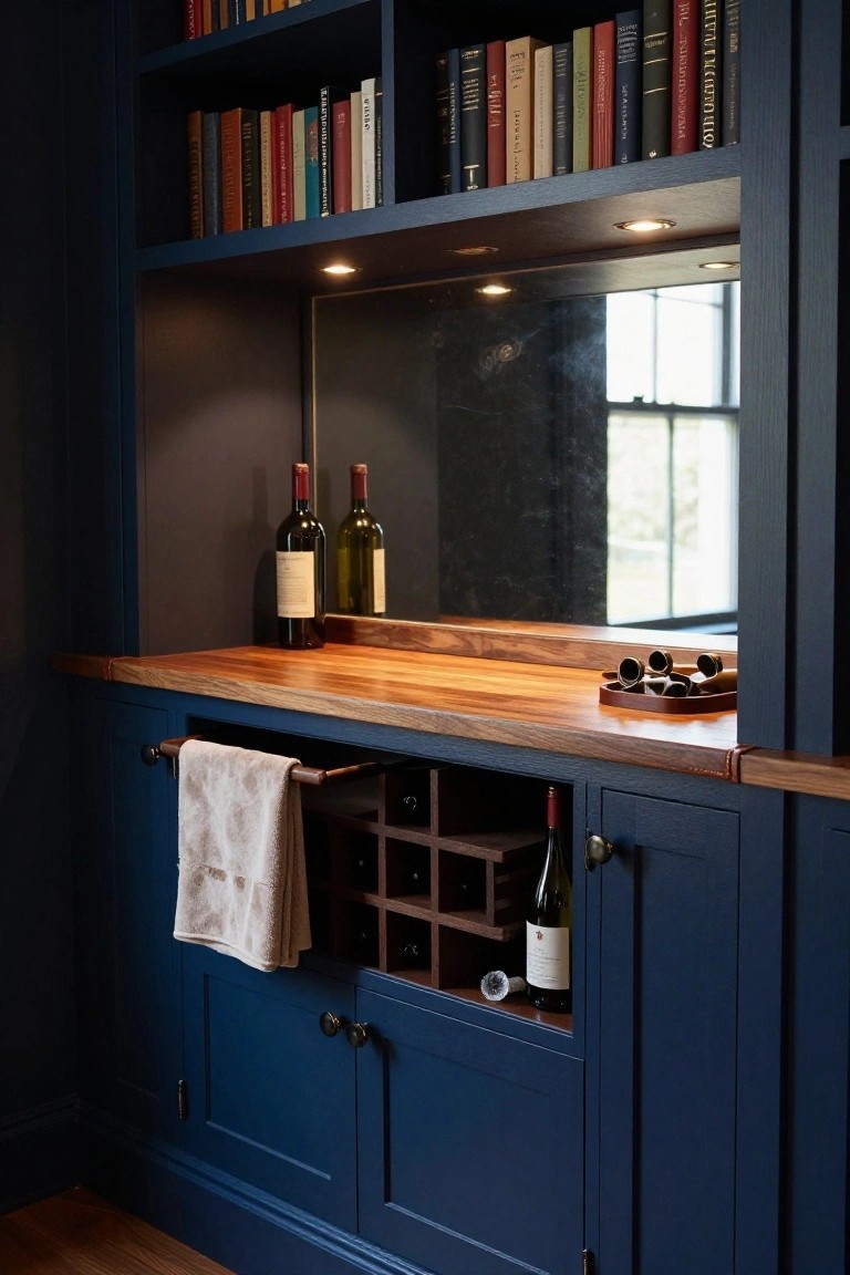Navy blue built-in bar cabinet with wooden countertop, integrated wine rack, hanging towel bar, bookshelves above, two wine bottles on top, and a mirrored backsplash.