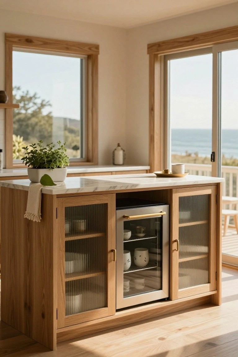 Wooden kitchen island with white marble top, potted herb plant, linen towel, and glass-fronted oak doors enclosing a beverage refrigerator, adjacent to sliding doors with ocean view.