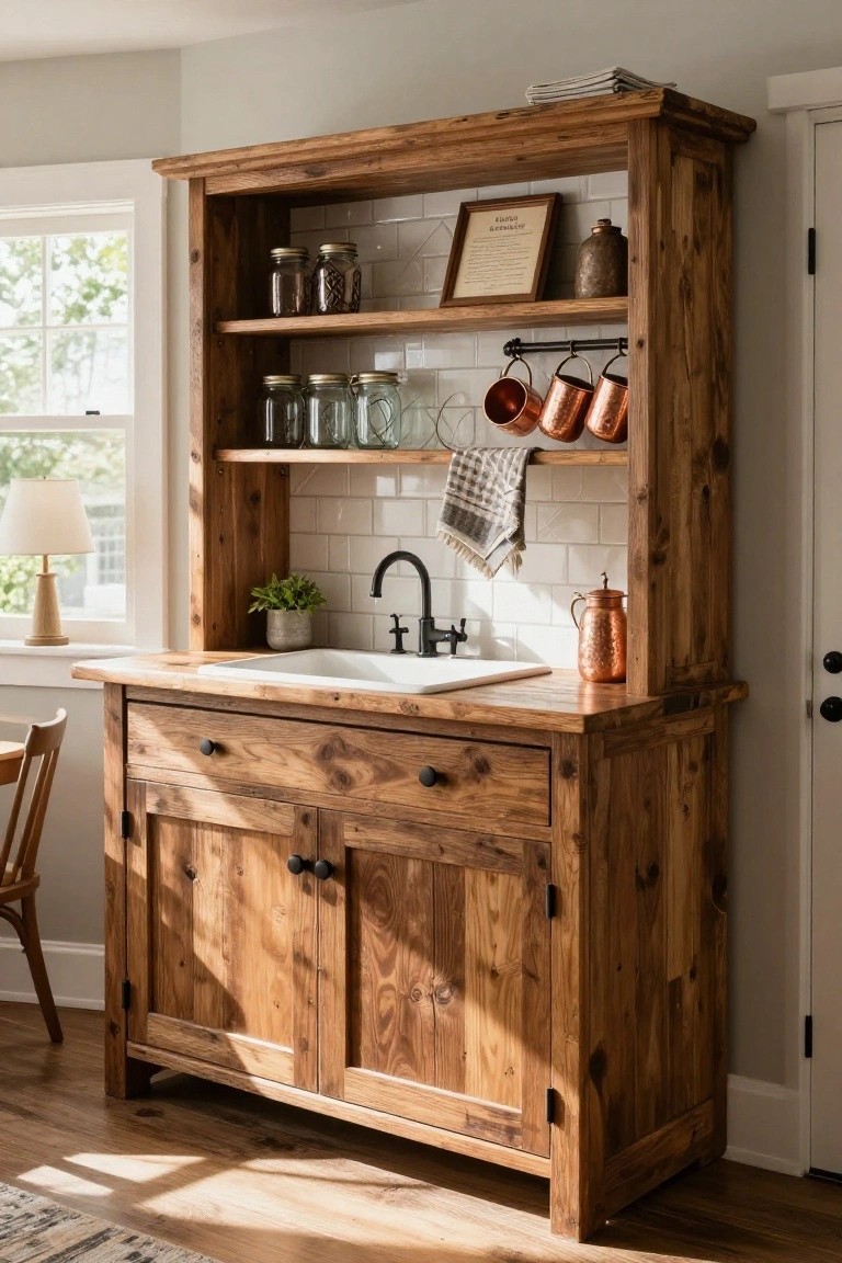 Rustic wooden built-in hutch with open shelves holding glass jars and copper mugs, white farm sink with black faucet, subway tile backsplash, potted plant, and wooden chair in a bright kitchen corner.