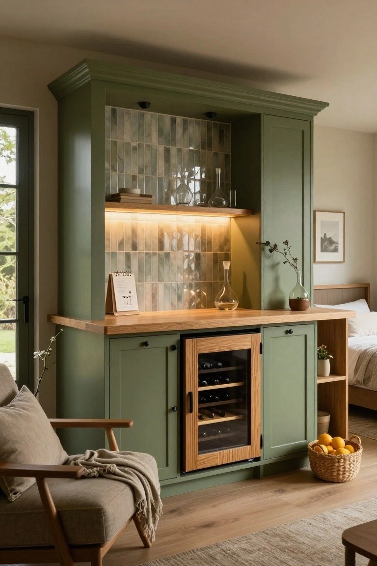 Sage green floor-to-ceiling built-in cabinet featuring an integrated wood-framed wine fridge, oak countertop, backlit glass tile backsplash, open shelves with glassware, and a nearby wooden armchair in a bedroom with oak bed frame.
