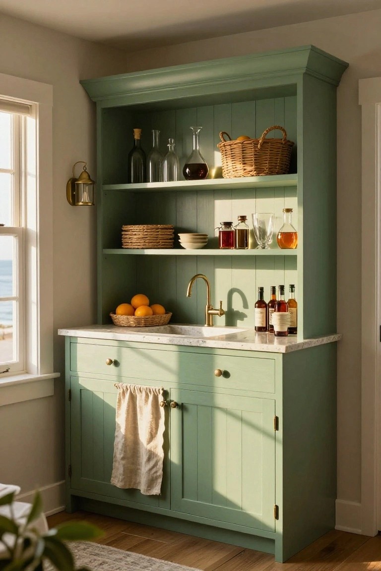 Sage green hutch with marble countertop, sink, and open shelves of bottles.