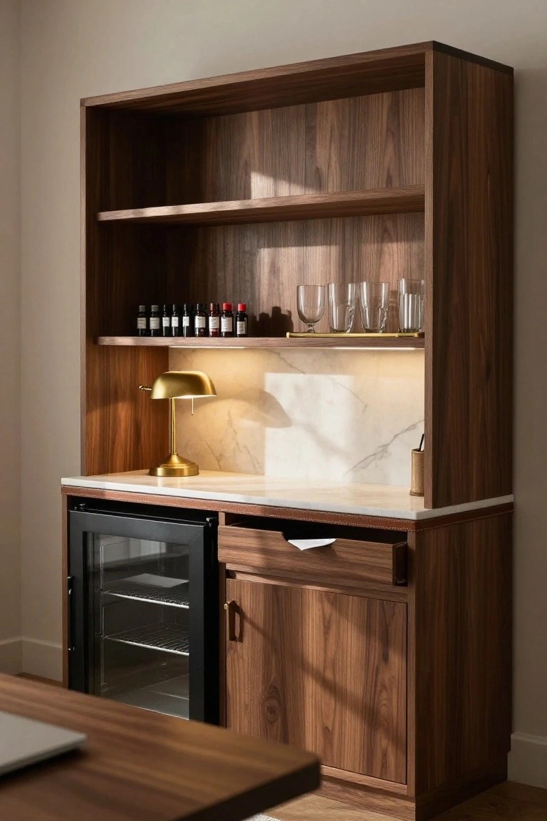Tall walnut wood built-in cabinet with open shelves holding wine bottles and glasses, marble countertop, gold banker's lamp, open drawer, and glass-door wine cooler below, positioned next to a wooden desk in a beige room.
