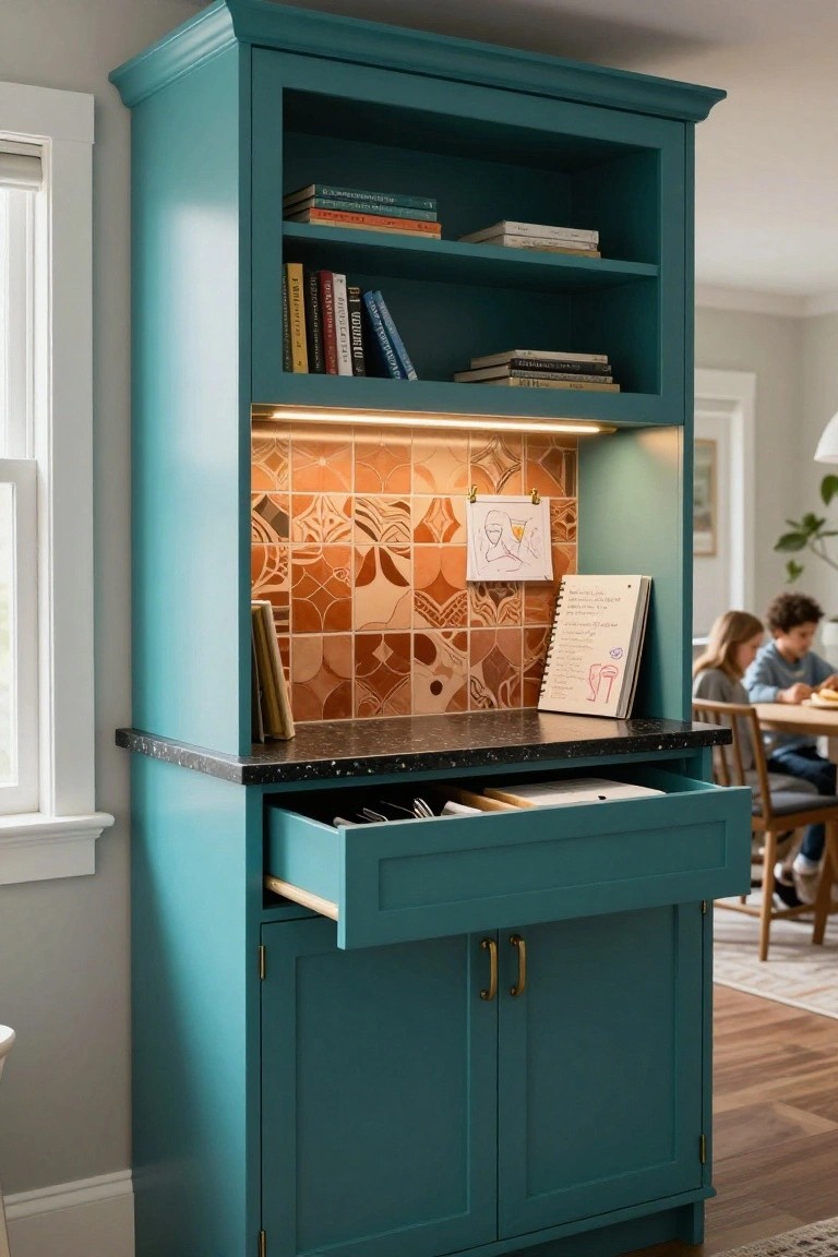 Tall teal-painted built-in wooden cabinet in a kitchen with open upper shelves holding books, black countertop, illuminated orange geometric tiled backsplash, open drawer containing utensils and files, lower cabinet doors, adjacent to a window and dining table.