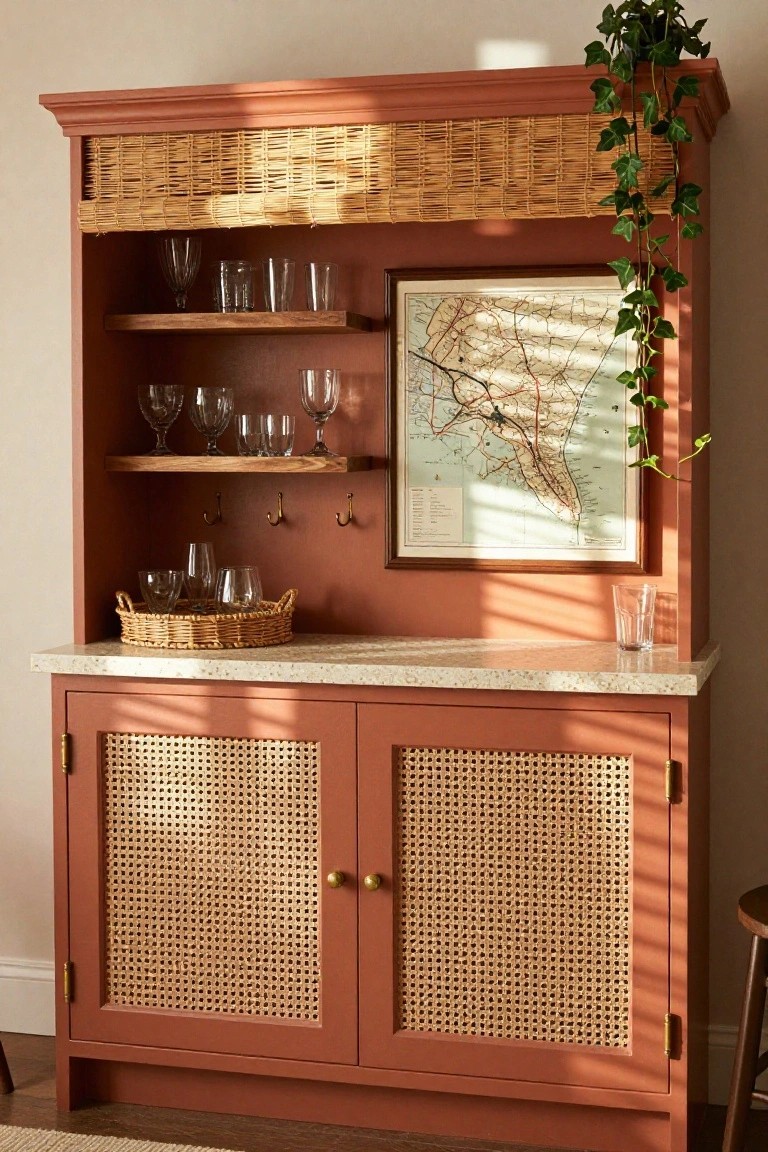 Terracotta painted built-in bar cabinet with rattan woven doors and upper panels, open wooden shelves holding glassware, brass hooks, a woven basket with glasses on the counter, a framed map on the wall, and an ivy plant trailing from the top.