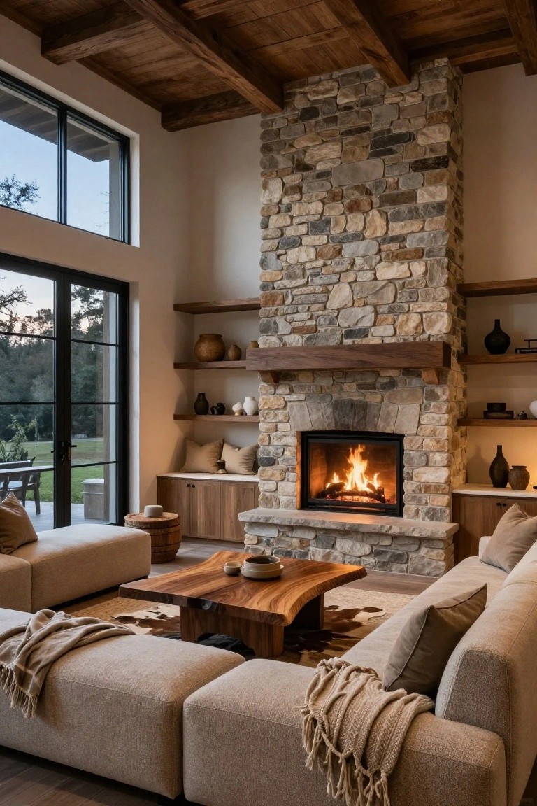 Living room interior with tall stacked stone fireplace, large beige modular L-shaped sofa, live-edge wooden coffee table, woven rug, and large windows and doors overlooking yard and trees.