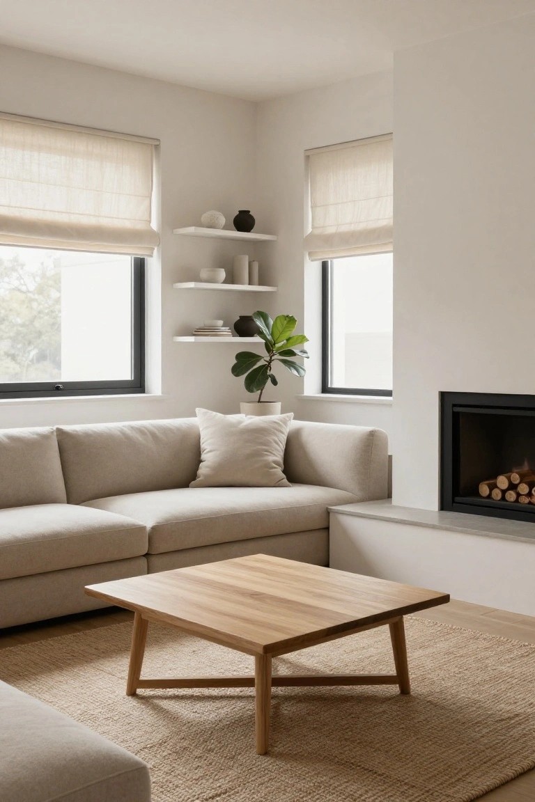 Beige L-shaped modular sofa in a white-walled living room corner featuring black-framed windows with linen shades, floating white shelves with ceramics and a fiddle leaf fig plant, low wooden coffee table on seagrass rug, and built-in fireplace with logs.