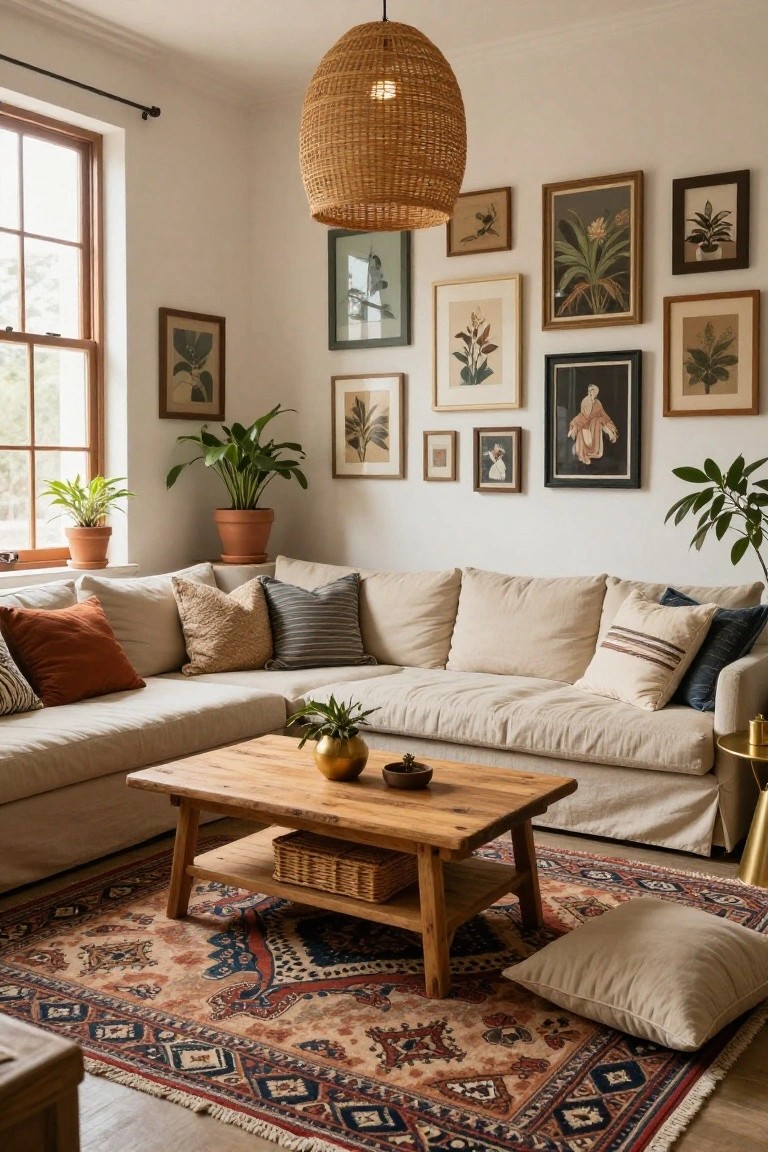 Beige L-shaped modular sofa in a bright living room corner with potted plants, wooden coffee table, woven pendant light, eclectic framed botanical artwork on white walls, and a patterned rug on wood floors.