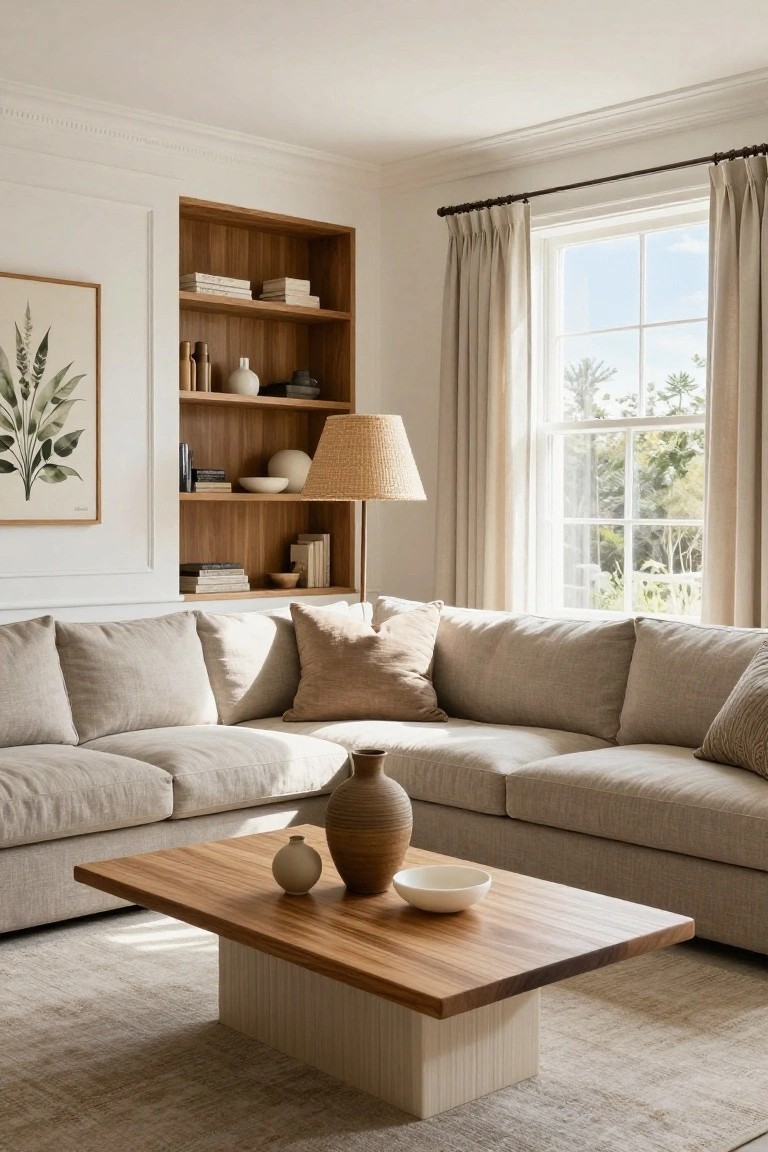Beige L-shaped modular sofa in a light living room corner with wooden built-in bookshelves, a wood coffee table holding ceramics, a floor lamp, and a large window with cream curtains.