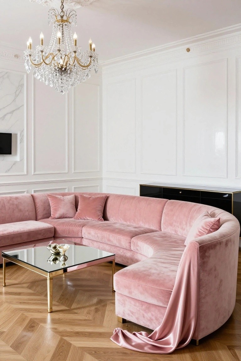 A luxurious living room with a large curved blush pink velvet sectional sofa surrounding a gold-framed mirrored coffee table, white paneled walls, crystal chandelier, black sideboard, and herringbone oak floors.