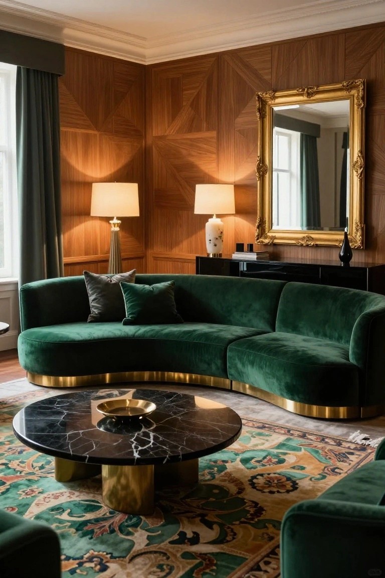 Curved emerald green velvet sofa with gold bases in a wood-paneled living room featuring black marble coffee table on green and gold rug, gold-framed mirror, table lamps, and sideboard.