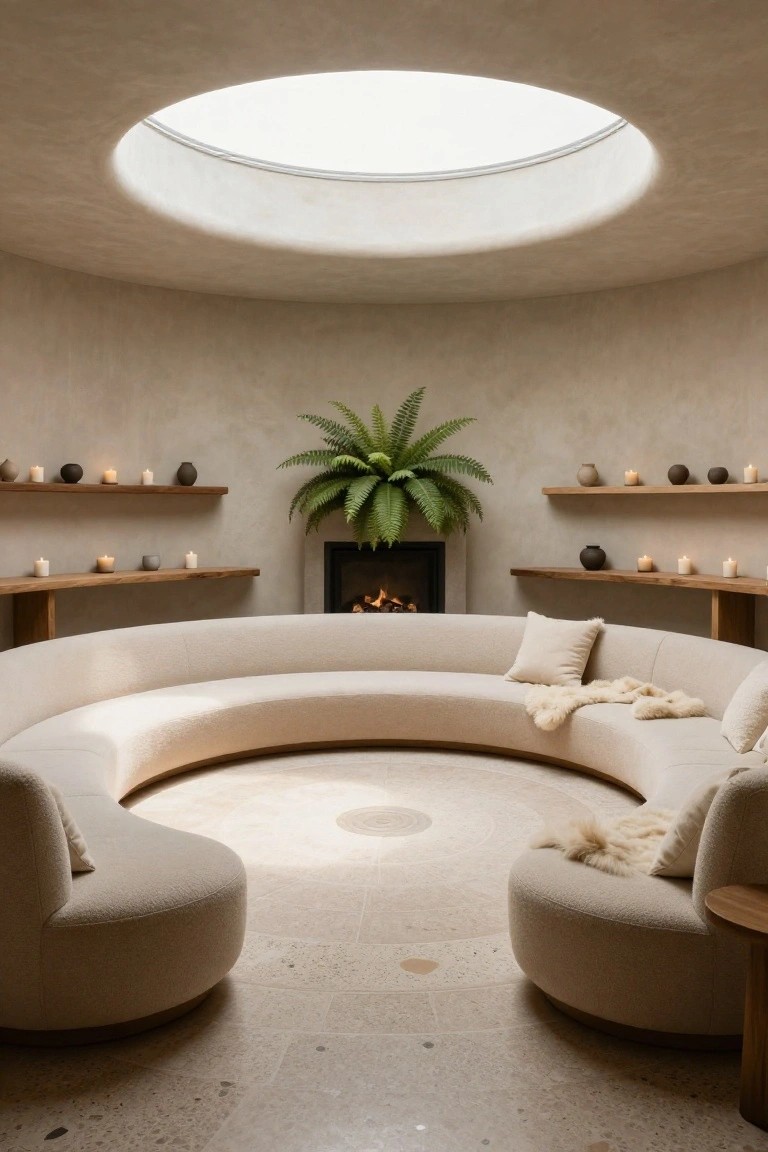 Round interior room with curved beige modular sofa seating around a central gas fireplace, wood shelves with candles and pottery, large green fern plant, skylight overhead, and light terrazzo floor.