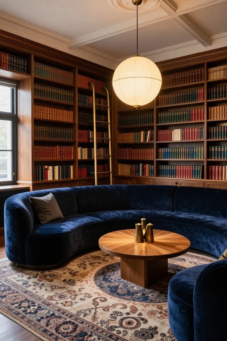 Wood-paneled library interior with floor-to-ceiling bookshelves, rolling ladder, curved navy velvet sofa around a round wooden coffee table, large white pendant light, and patterned rug.