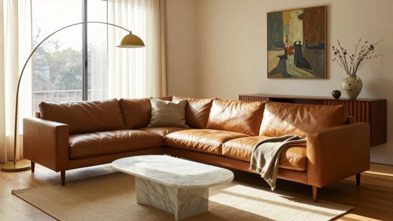 Sunlit modern living room with tan L-shaped leather sofa, oval white marble coffee table on seagrass rug, wooden credenza with books and abstract painting above, gold floor lamp with dried flowers, and sheer curtains on large window overlooking trees.