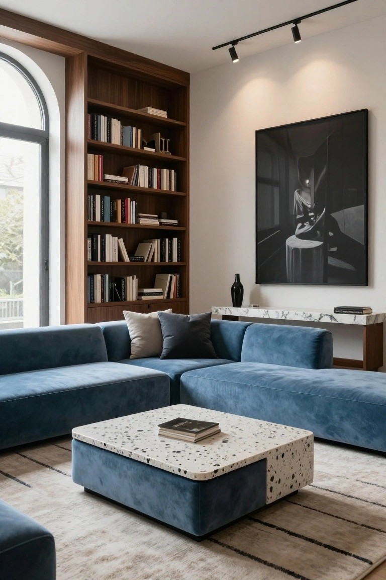 Modern living room with L-shaped blue velvet sofa, white terrazzo coffee table with blue base, tall wooden bookshelves filled with books, marble console table with vase, and large black and white artwork on white wall beside arched window.