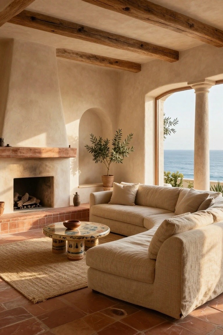 Beige L-shaped modular sofa on terracotta tile floor in a living room with wooden beamed ceiling, arched windows overlooking ocean, stone fireplace, olive tree plant, and low round coffee table.