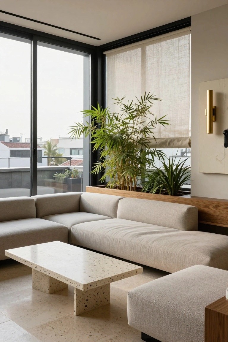 Light beige L-shaped modular sofa in a corner of a modern living room with wooden built-in bench behind it, terrazzo coffee table, potted bamboo and plants, and large floor-to-ceiling windows with city view.