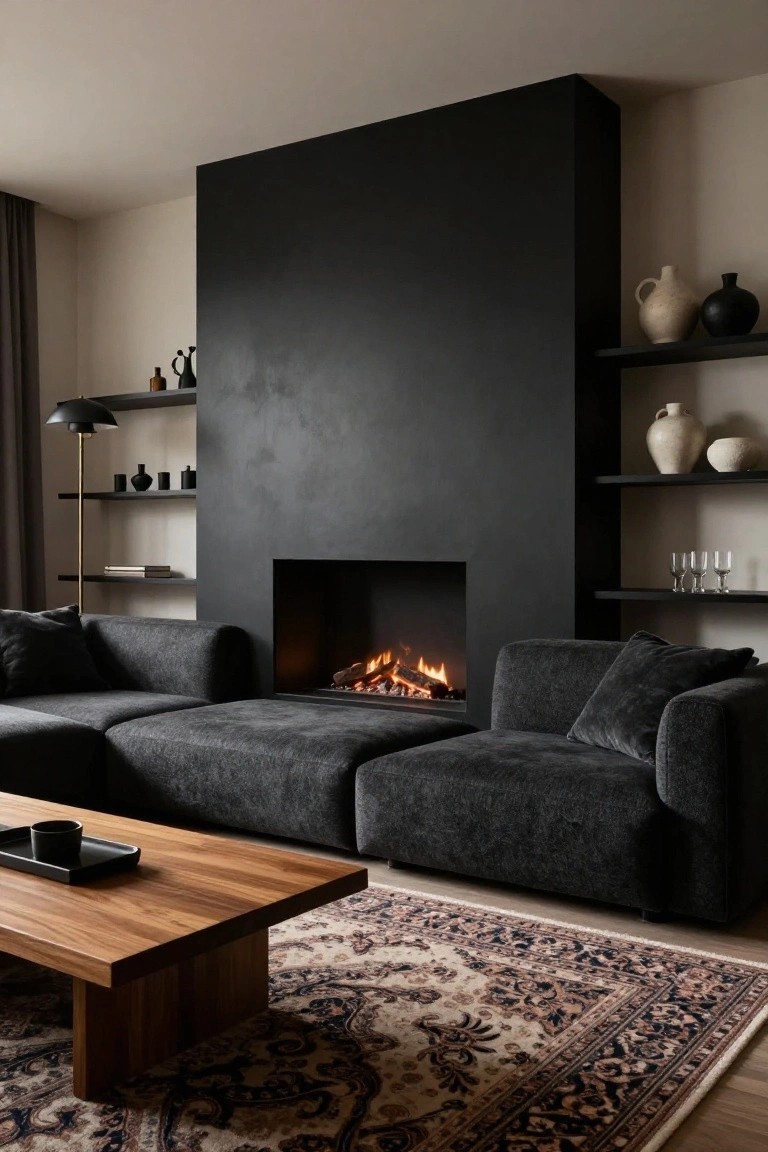 Modern living room featuring a tall black fireplace wall with gas flames, L-shaped dark gray modular sofa around a low wooden coffee table, beige walls, shelves with ceramics, and a patterned rug.