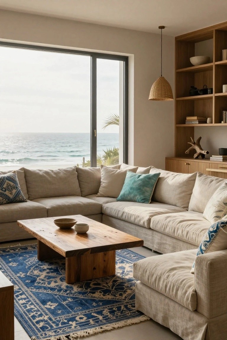 Beige L-shaped modular sofa in a light beige living room with wooden bookshelves, rattan pendant light, low wooden coffee table, blue rug, and large black-framed windows overlooking ocean and palm trees.