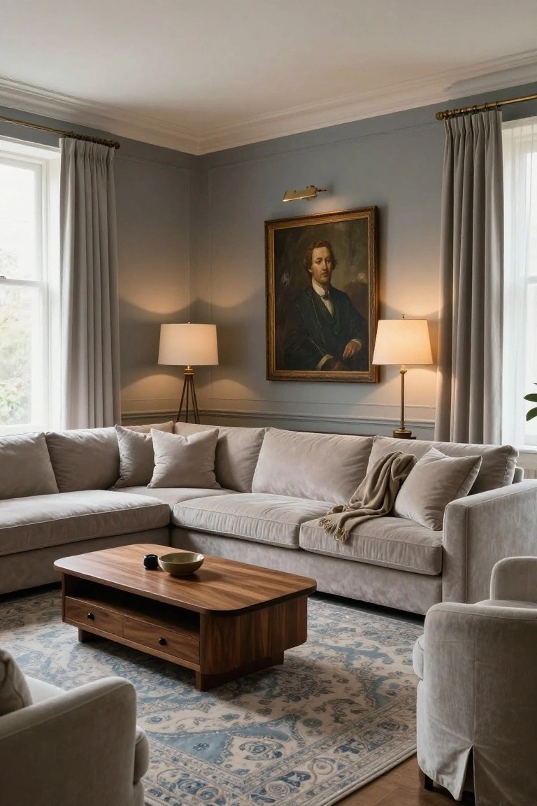 Corner of a living room featuring an L-shaped light gray upholstered sofa, wooden coffee table with a bowl, two armchairs, floor lamps, draped curtains on tall windows, a framed portrait painting, and a blue-gray patterned rug on hardwood floors.