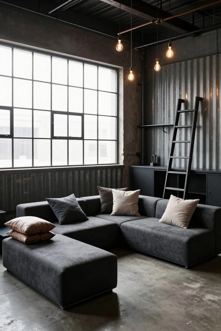 Spacious industrial loft living room with dark gray L-shaped modular sofa, beige and gray pillows, matching ottoman, large metal-framed windows, corrugated metal walls, black ladder shelf, and hanging bulb lights.