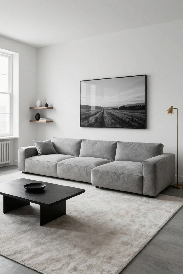 Modern living room with light gray L-shaped modular sofa, black rectangular coffee table on beige rug, gold floor lamp, wall shelves, and large black-framed landscape photograph above the sofa.