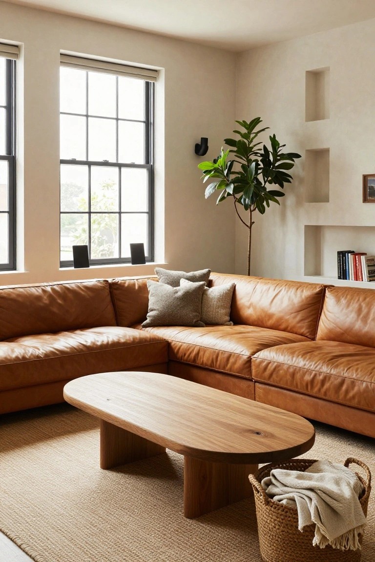 Modern living room with tan L-shaped leather sofa, oval wooden coffee table on seagrass rug, tall potted plant, neutral walls, recessed shelves, books, and large black-framed windows letting in daylight.