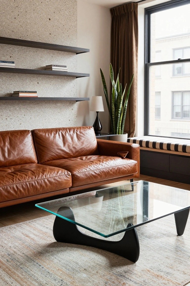 Modern living room with tan leather two-seater sofa, black metal and glass coffee table, wooden floating shelves on textured wall, snake plant in pot, lamp on side table, large window with striped bench cushion and sheer curtains.
