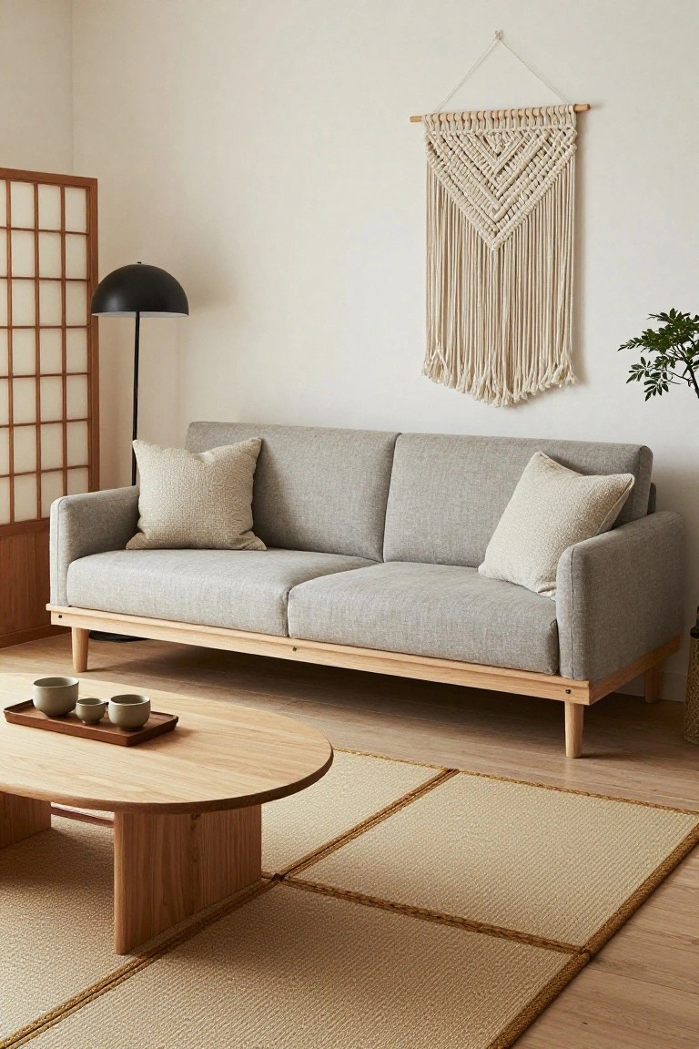 Light gray low-profile two-seater sofa with beige textured cushions on wooden legs, facing oval wooden coffee table with ceramic teacups on a tray, shoji screen partition, macrame wall hanging, black lamp, plant, and tatami rug in a minimalist room with light wood floor.
