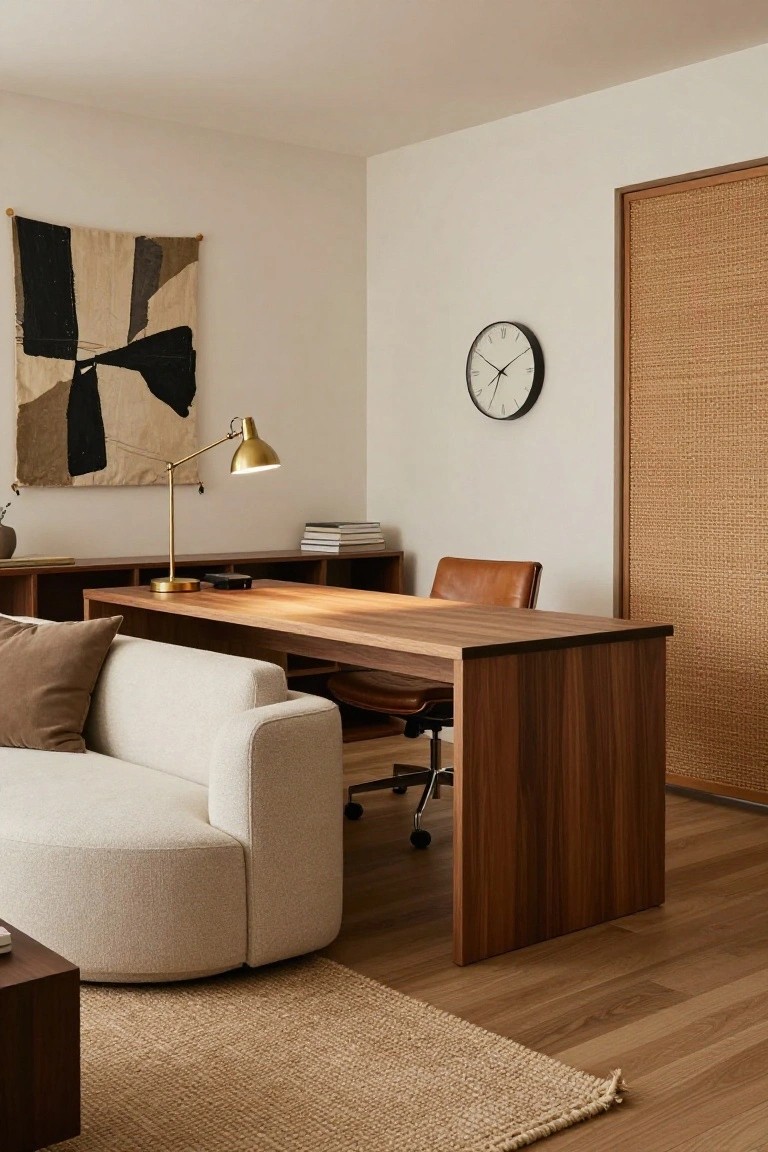 A modern interior room featuring a curved white modular sofa adjacent to a wooden desk with a leather office chair, brass desk lamp, bookshelves, abstract wall hanging, clock, and rattan sliding door.
