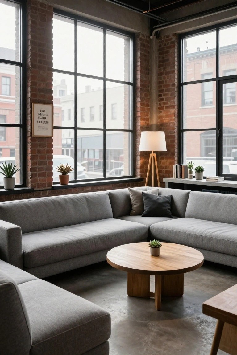 Gray modular L-shaped sofa in corner of exposed brick industrial room with large metal-framed windows, wooden coffee table holding a potted succulent, tripod floor lamp, bookshelves, and several potted plants.