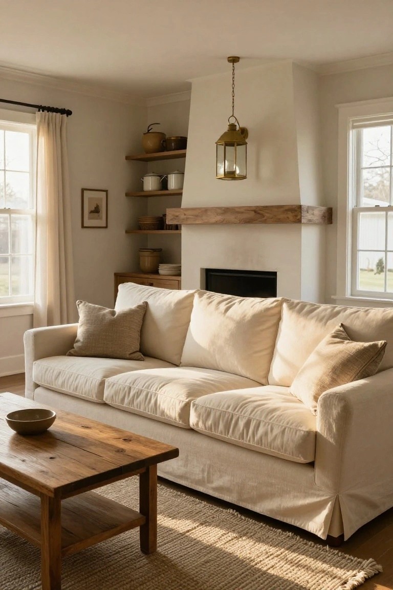 Light beige slipcovered three-seat sofa in a white-walled living room facing a fireplace with wooden beam mantel, wooden coffee table with bowl, seagrass rug, and shelves with pottery.