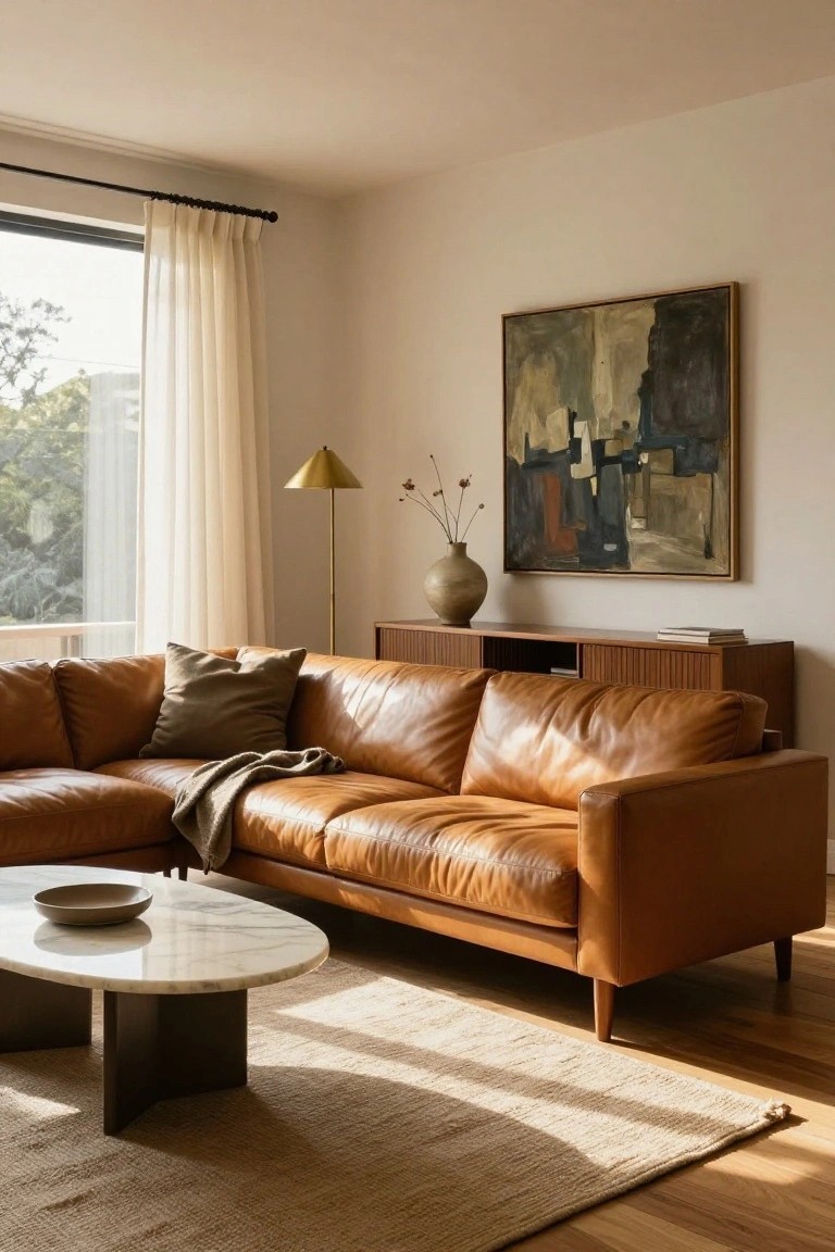 Sunlit modern living room with tan L-shaped leather sofa, oval white marble coffee table on seagrass rug, wooden credenza with books and abstract painting above, gold floor lamp with dried flowers, and sheer curtains on large window overlooking trees.
