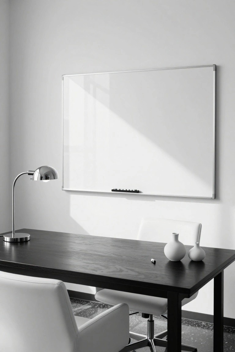 Modern office room with large wall-mounted whiteboard, black wood desk holding two white sculptural vases and a small marker, adjustable desk lamp, white leather lounge chair, and white office chair.