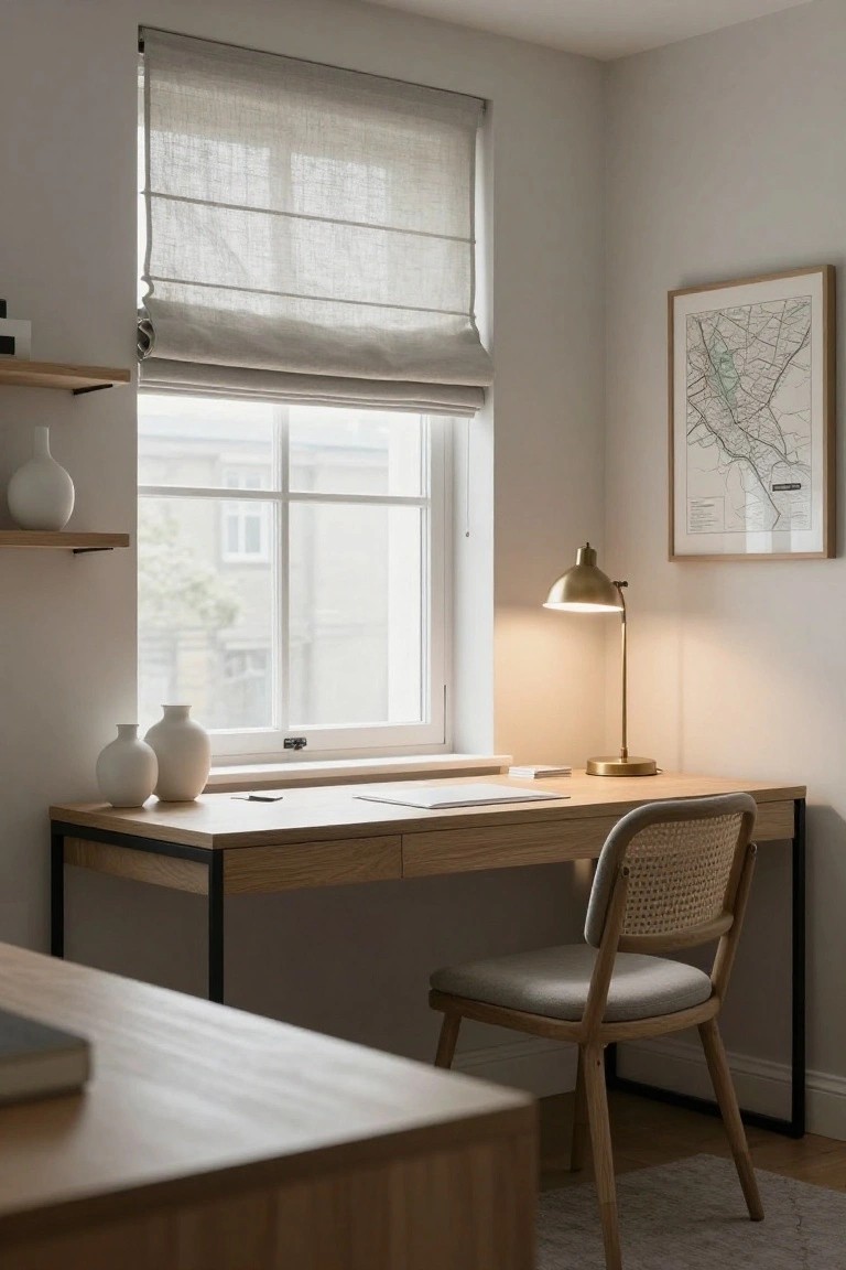Contemporary home office with black metal-framed wooden desk, rattan chair with light upholstery, gold desk lamp, linen roman blinds on window, white ceramic vases on shelf, and framed map on wall.