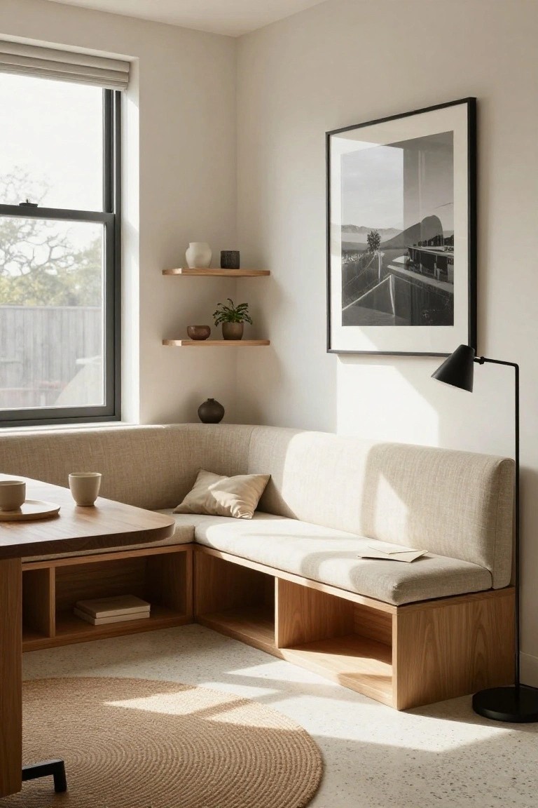Contemporary office corner featuring a built-in L-shaped beige upholstered bench with oak storage cubbies and adjacent wooden table, floating wooden shelves with ceramics and plants, large black-framed photograph on wall, black arc lamp, and large window with blinds.