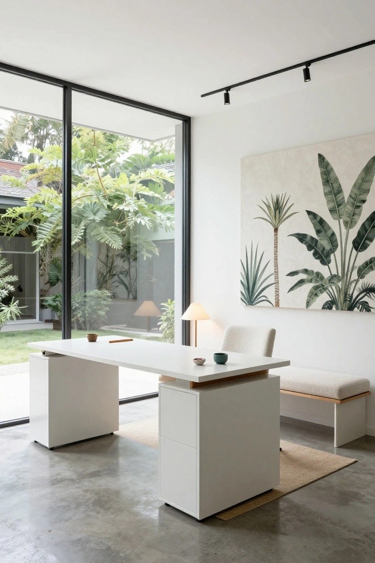 Modern home office interior with a white rectangular desk elevated on drawer cabinets at each end, cream bouclé armchair, matching bench, large botanical wall art, table lamp, and sliding glass doors to a tropical garden.