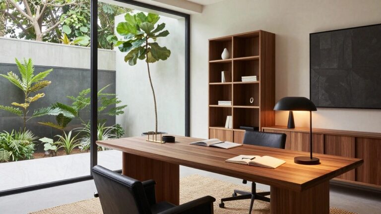 25 Elegant Contemporary Luxury Office Interiors With Clean Lines Contemporary home office with large rectangular walnut desk on thick legs, black leather swivel chair, tall wooden bookshelf on left, low wooden cabinet with marble top and black leather chair on right, desk lamp, fiddle leaf fig plant, abstract artwork on wall, and full-height black-framed glass doors to lush tropical garden.