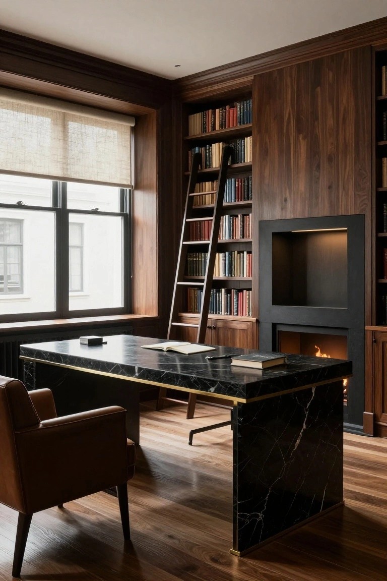 Contemporary wood-paneled home office with floor-to-ceiling bookshelves, wooden rolling ladder, black marble desk with brass edges, brown leather armchair, lit fireplace, and large windows with linen shades.