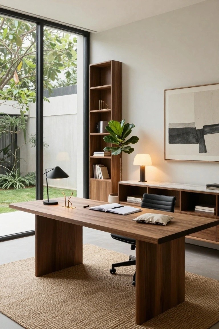 Contemporary home office with large rectangular walnut desk on thick legs, black leather swivel chair, tall wooden bookshelf on left, low wooden cabinet with marble top and black leather chair on right, desk lamp, fiddle leaf fig plant, abstract artwork on wall, and full-height black-framed glass doors to lush tropical garden.