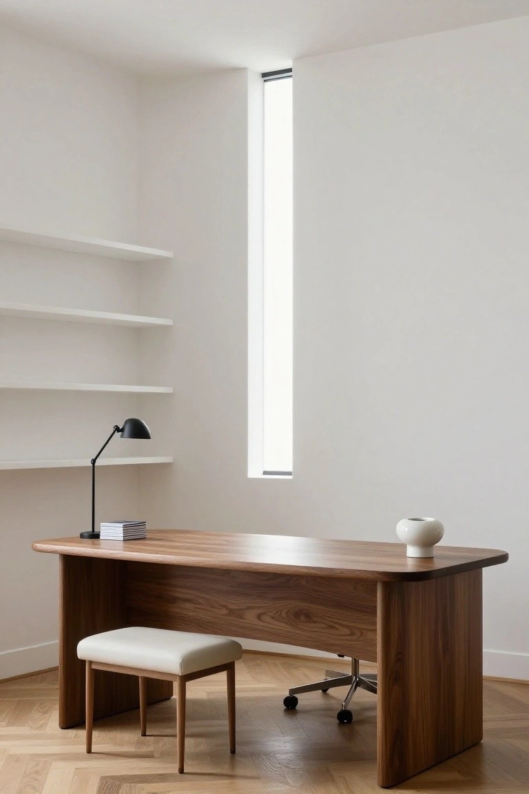 A minimalist home office with a large rounded-corner walnut desk, white leather stool, black swivel chair, desk lamp with stack of books, white vase, floating white shelves, tall narrow window, white walls, and herringbone wood floor.