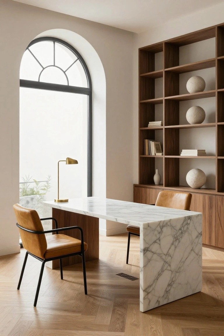 Contemporary office with white marble-topped desk on wood base and cabinets, two tan leather armchairs, wood bookshelves with ceramics and books, brass desk lamp, and large arched window overlooking greenery on light wood herringbone floor.