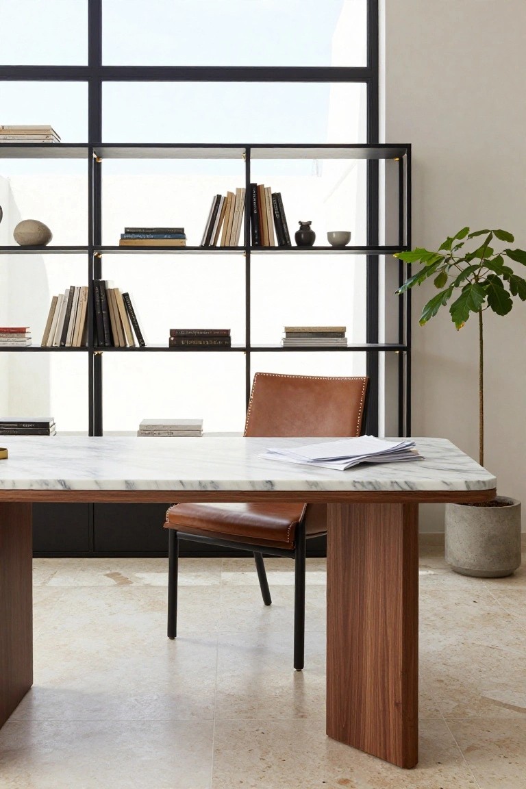 Modern office room featuring a rectangular walnut desk with white marble top, tan leather armchair with black legs, black metal open shelving unit with books and ceramics, large window with black frame, potted plant, and light floor tiles.
